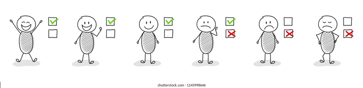 Checkmarks - set with cartoon stickmen. Vector.