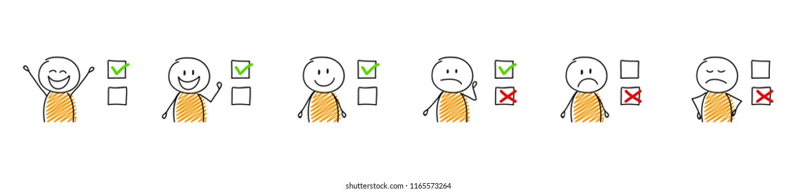 Checkmarks - set with cartoon stickmen. Vector.