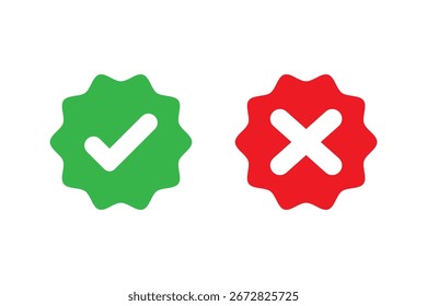 Marcas de verificação com símbolos de tique e cruz. Ilustração de vetor de estilo de variedade verde e vermelho de dois ícones de caixa de seleção. Marca de seleção verde e ícone de cruz vermelha definido, círculo e cruz. Tique e símbolo errado. EPS 10