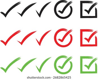 Marcas de seleção marcam ícones botão Definir, vermelho verde círculo preto e coleção quadrada, Aprovação direita correto positivo verdadeiro escolha símbolo, Ilustração de vetor	