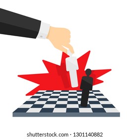 Checkmate concept - chess board and human hand with people instead of figures - visual for business competition or strategy concept - vector isolated illustration