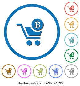 Checkout with Bitcoin cart flat color vector icons with shadows in round outlines on white background