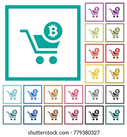 Checkout with Bitcoin cart flat color icons with quadrant frames on white background
