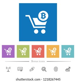 Checkout with Bitcoin cart flat white icons in square backgrounds. 6 bonus icons included.