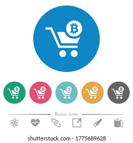 Checkout with Bitcoin cart flat white icons on round color backgrounds. 6 bonus icons included.