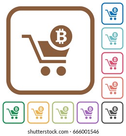 Checkout with Bitcoin cart simple icons in color rounded square frames on white background