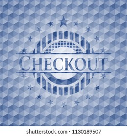 Checkout blue badge with geometric background.