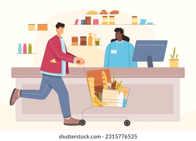 Checkout at cashier counter of grocery store, supermarket vector illustration. Cartoon man pushing cart full of food to pay and buy products at cashier desk with computer, customer in hypermarket