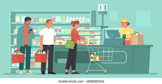 Checkout counter of a grocery supermarket. Customers in line. Queue at the store. The cashier rings up products for buyers. Vector illustration in flat style