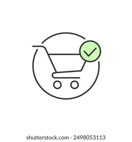 Icono del contador del Completar compra. Fuente gráfica para la actividad de compra de artículos y hacer el pago en el mostrador del cajero o del Completar compra ilustrado en el chat de compras con la lista de verificación verde en círculo. 