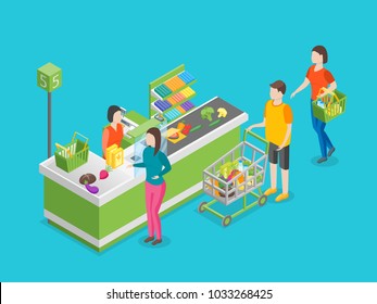 Checkout Counter Pay In Store 3d Isometric View On A Blue Background With Cashier And People. Vector Illustration
