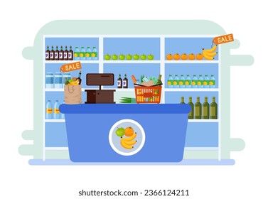 Contador de salida con ilustración vectorial de la cesta de la compra. Dibujo de dibujos animados de tienda de comestibles, racks o estantes con productos saludables, venta o descuento. Compra de comestibles, concepto de comida saludable