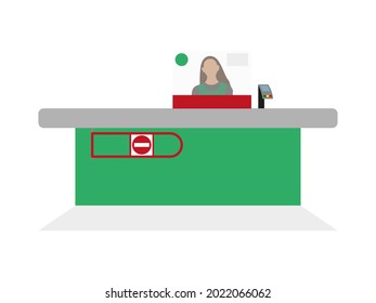 Checkout counter in supermarket with cashier on white background