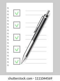 Checkout document with green checkmarks. List of cases and application form. Icon business concept. Sheet of notebook paper and pen on gray background. Illustration, vector.