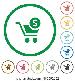 Checkout with Dollar cart flat color icons in round outlines on white background