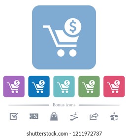 Checkout with Dollar cart white flat icons on color rounded square backgrounds. 6 bonus icons included