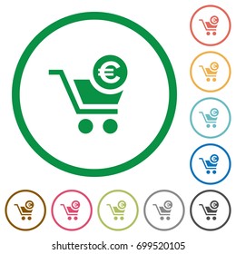 Checkout with Euro cart flat color icons in round outlines on white background