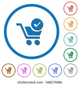 Checkout flat color vector icons with shadows in round outlines on white background