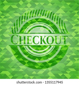 Checkout green emblem with triangle mosaic background