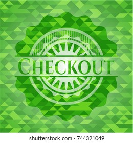 Checkout green emblem with triangle mosaic background