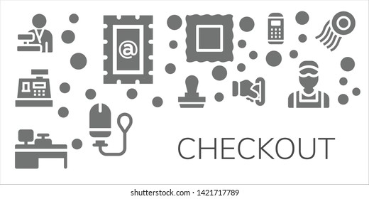 checkout icon set. 11 filled checkout icons.  Collection Of - Cashier, Stamp, Cash machine, Insert coin, Tampon, Payment terminal, Clerk