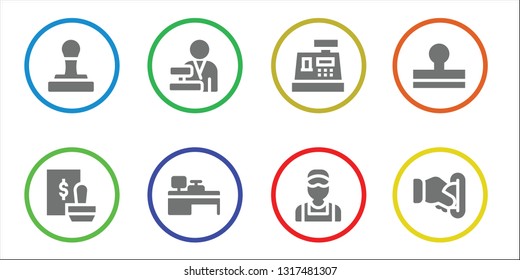checkout icon set. 8 filled checkout icons.  Simple modern icons about  - Stamp, Cashier, Cash machine, Clerk, Insert coin