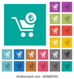 Checkout with Lira cart multi colored flat icons on plain square backgrounds. Included white and darker icon variations for hover or active effects.