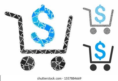 Checkout mosaic of tremulant elements in variable sizes and color tints, based on checkout icon. Vector irregular items are composed into mosaic. Checkout icons collage with dotted pattern.