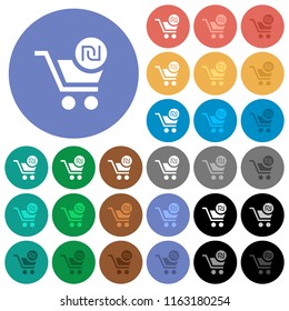 Checkout with new Shekel cart multi colored flat icons on round backgrounds. Included white, light and dark icon variations for hover and active status effects, and bonus shades on black backgounds.