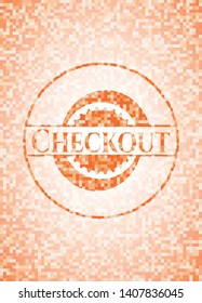 Checkout orange tile background illustration. Square geometric mosaic seamless pattern with emblem inside.