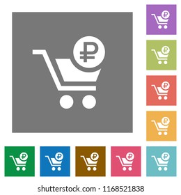 Checkout with Ruble cart flat icons on simple color square backgrounds