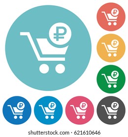 Checkout with Ruble cart flat white icons on round color backgrounds