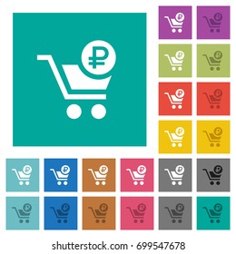 Checkout with Ruble cart multi colored flat icons on plain square backgrounds. Included white and darker icon variations for hover or active effects.