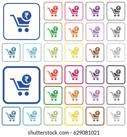 Checkout with Rupee cart color flat icons in rounded square frames. Thin and thick versions included.