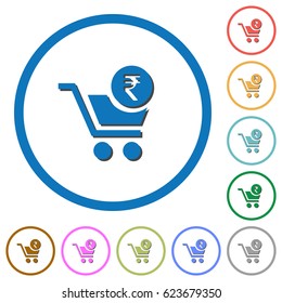 Checkout with Rupee cart flat color vector icons with shadows in round outlines on white background