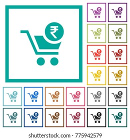 Checkout with Rupee cart flat color icons with quadrant frames on white background