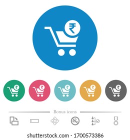 Extraer con iconos blancos planos de carrito de rupias en fondos de color redondo. 6 iconos de bonificación incluidos.
