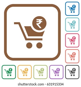 Checkout with Rupee cart simple icons in color rounded square frames on white background