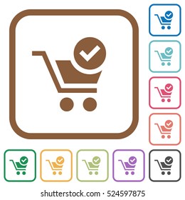 Checkout simple icons in color rounded square frames on white background