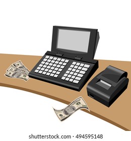 The checkout supermarket, shop,Bank. Cash register and issue receipts , dollar bills lie on the table. Vector illustration.