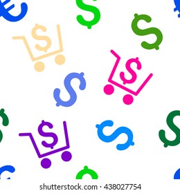 Checkout vector seamless repeatable pattern. Style is flat checkout and dollar symbols on a transparent background.