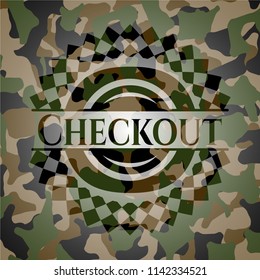 Checkout written on a camo texture