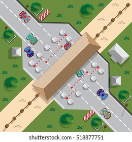 Checkpoint at the border. View from above. Vector illustration. 