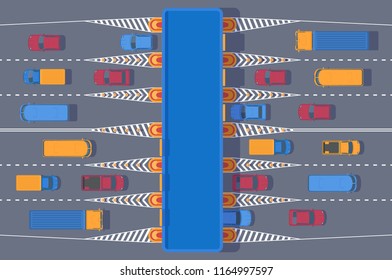 Checkpoint of collection on autobahn and toll road . Car and roadside point. Highway toll area with transport. Vector top view illustration.