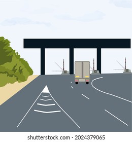 Checkpoint of collection on autobahn and toll road . Car and roadside point. Highway toll area with transport. Vector stock illustration isolated on a white background.