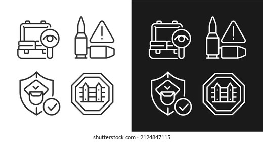 Checkpoint examination linear icons set for dark and light mode. Border security. Country fences. Customizable thin line symbols. Isolated vector outline illustrations. Editable stroke. Pixel perfect