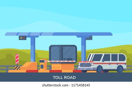 Checkpoint on toll highway. Booth with a rising and lowering barrier. Car and roadside point. Highway toll area with transport. Vector illustration.