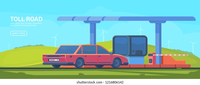 Checkpoint on the toll road. Booth with boom barrier Web banner. Vector illustration.