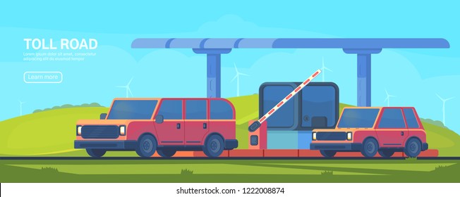 Checkpoint on the toll road. Booth with boom barrier Web banner. Vector illustration.