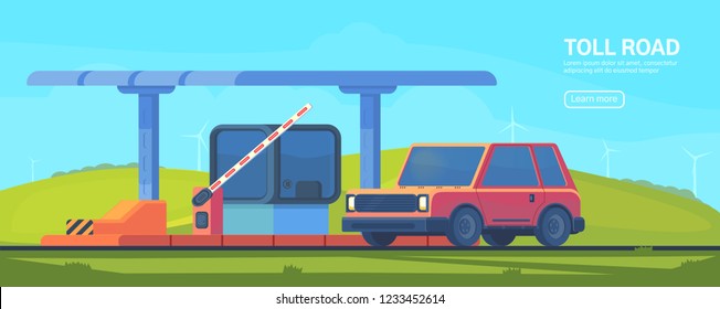 Checkpoint on the toll road. Booth with boom barrier Web banner. Vector illustration.